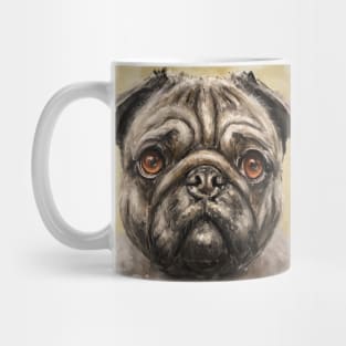 Contemporary Painting of a Pug with its Gorgeous Orange Eyes and Expression on Orange Background Mug